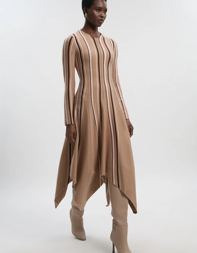 Stripe Viscose Blend Asymmetric Hem Knit Midi Dress