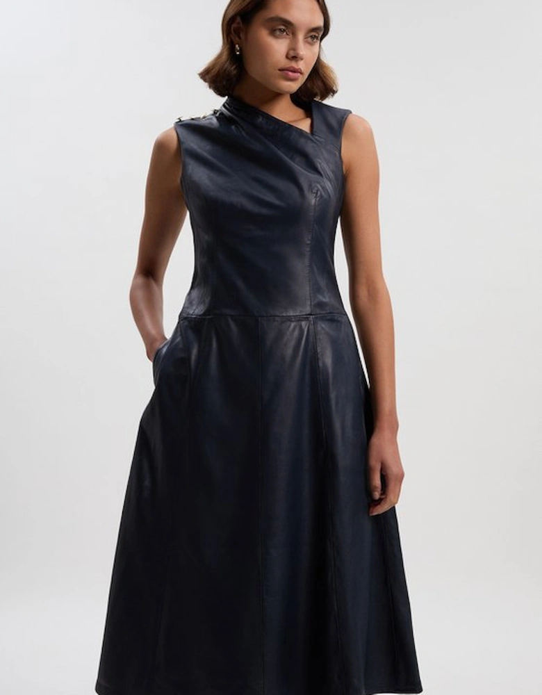 Leather Asymmetric Neck Full Skirt Midi Dress