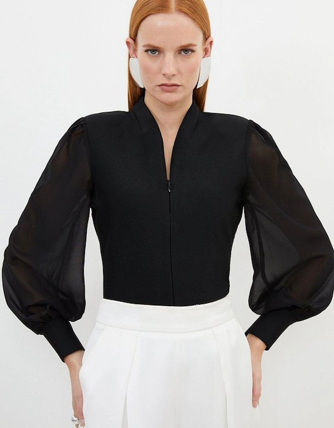 Bandage Figure Form Zip Detail Chiffon Sleeve Knit Top, 2 of 1