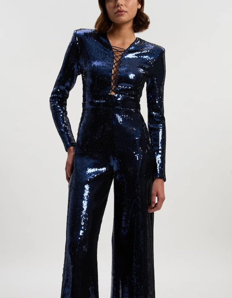 Petite Sequin Power Mesh Lace Up Detail Long Sleeve Jumpsuit