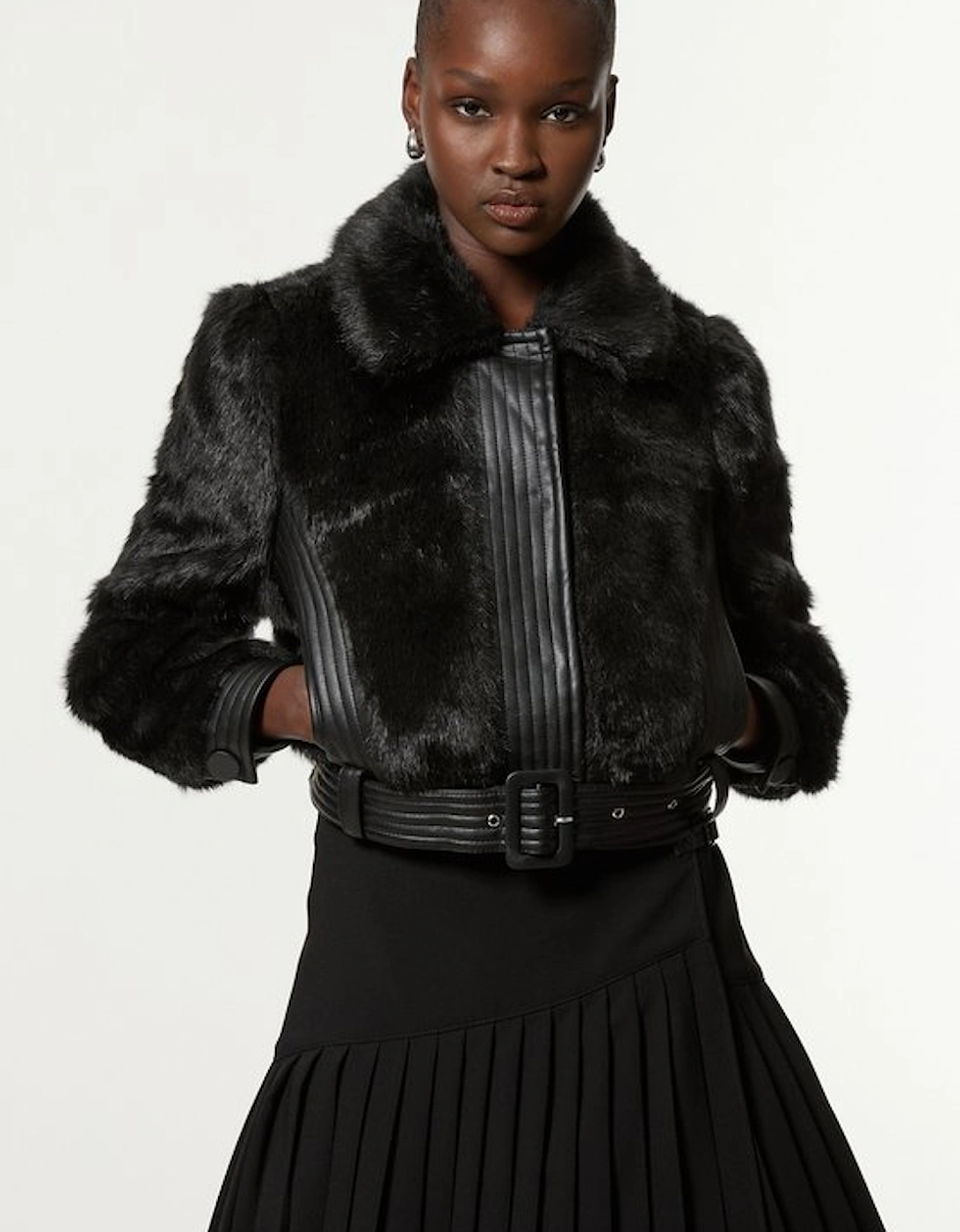 Faux Fur Pu Panelled Belted Cropped Jacket, 4 of 3