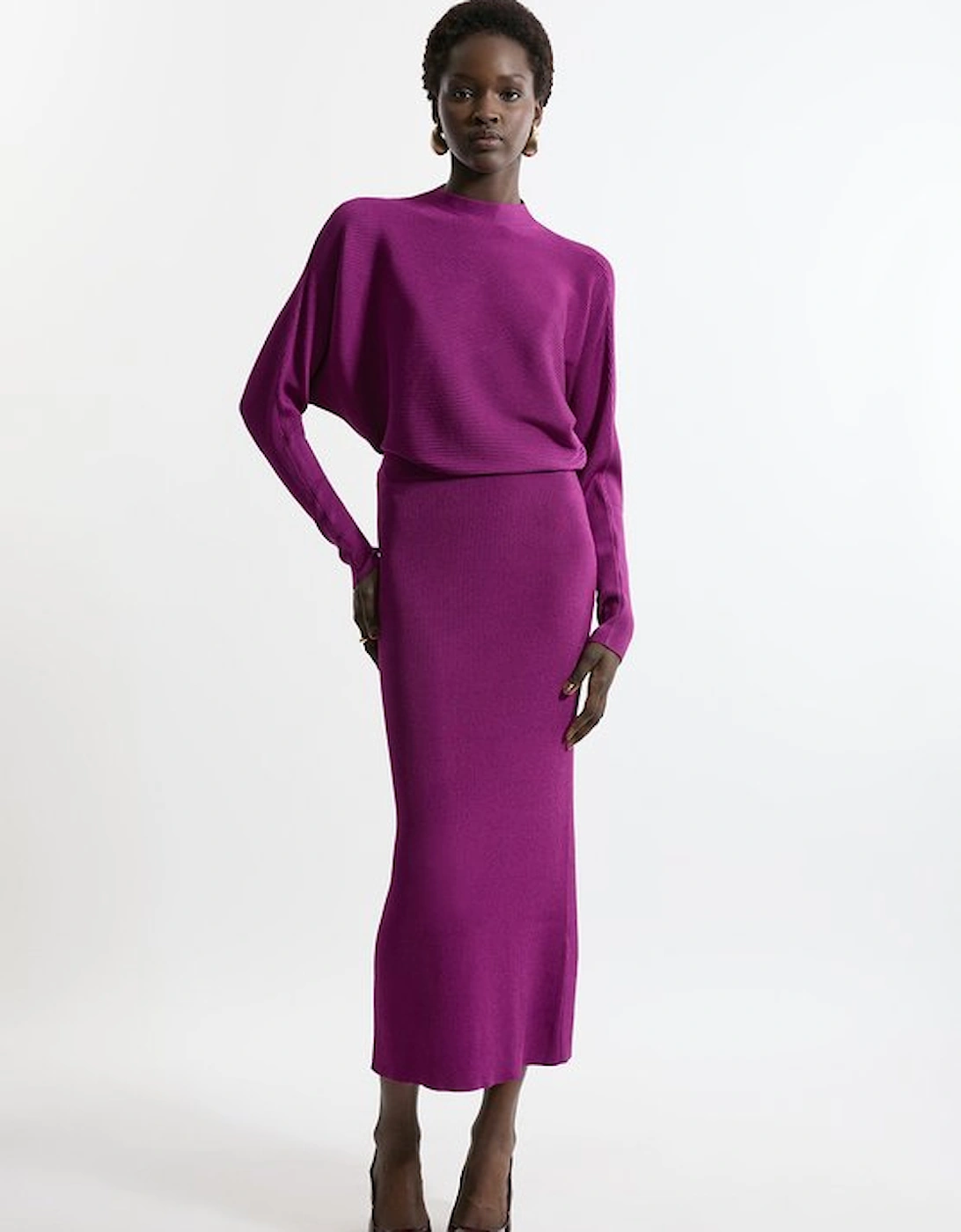 Slinky Drape Knit Bat Wing Pencil Midi Dress, 2 of 1