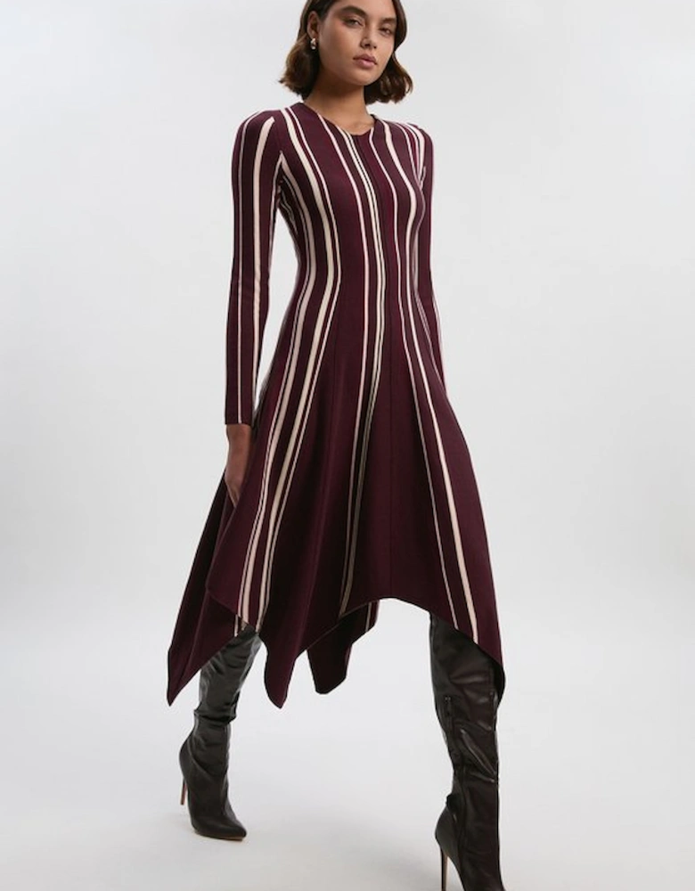Stripe Viscose Blend Asymmetric Hem Knit Midi Dress