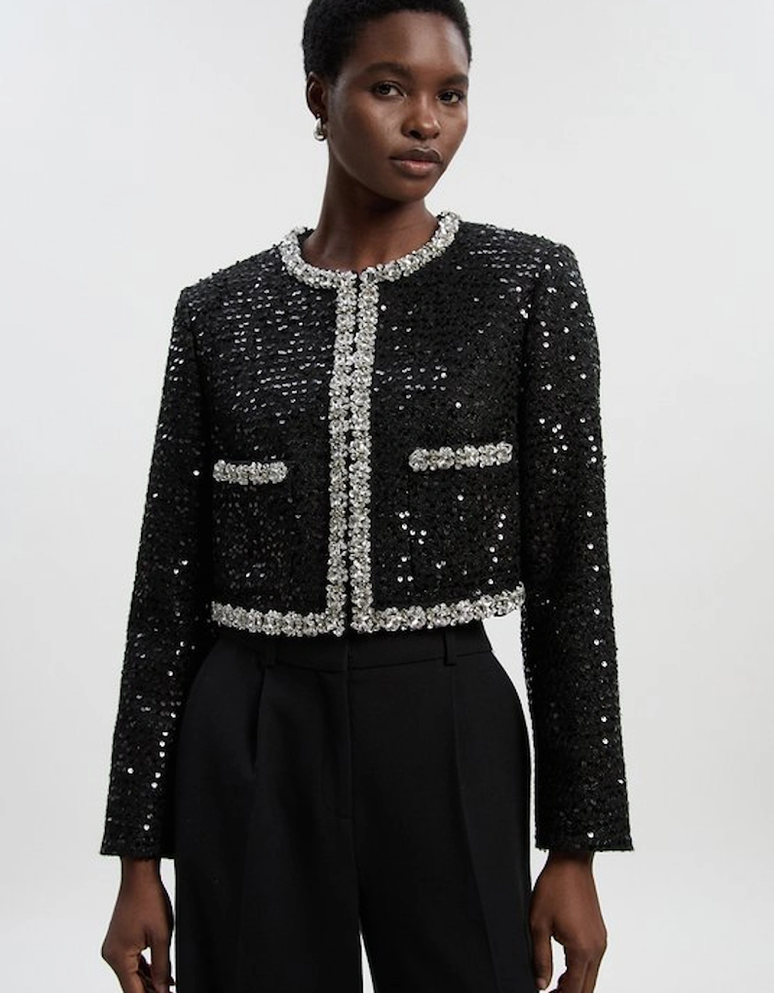 Petite Tailored Sequin Tweed Embellished Cropped Jacket, 4 of 3