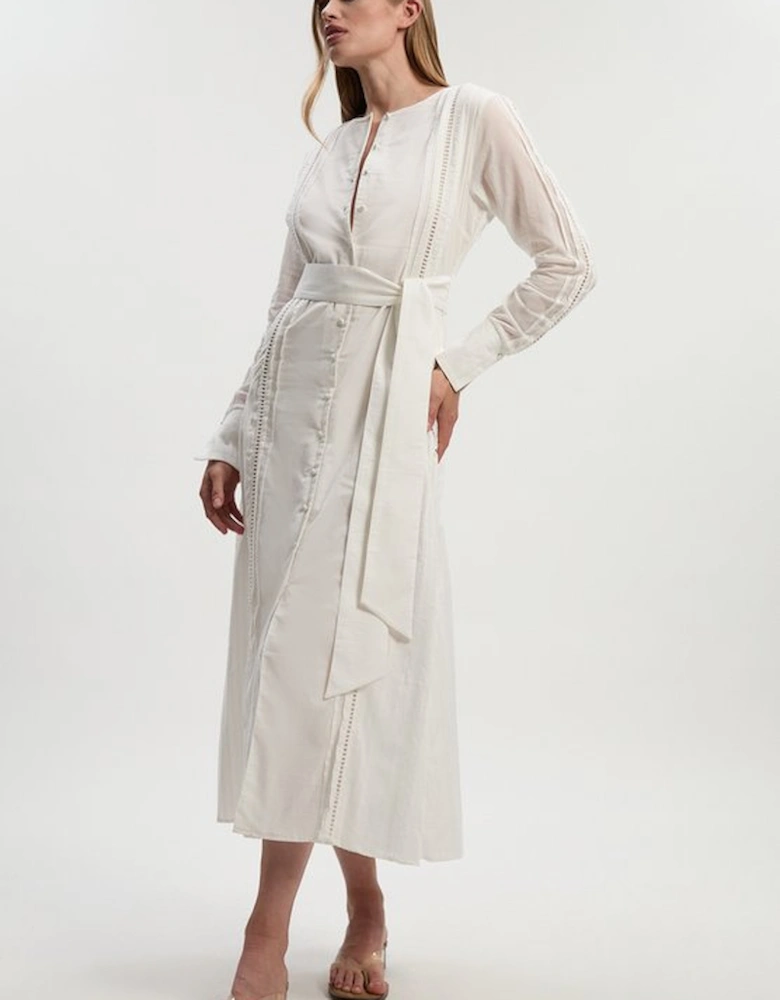 Cotton With Lace Trim Insert Woven Long Sleeve Midi Dress
