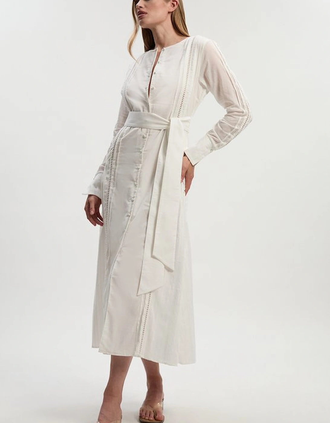 Cotton With Lace Trim Insert Woven Long Sleeve Midi Dress, 5 of 4