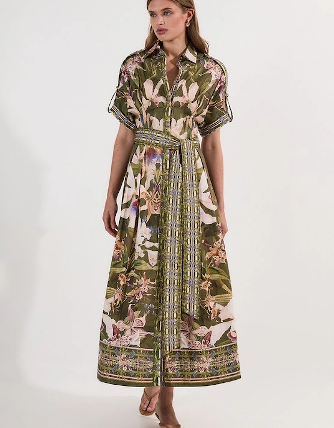 Cotton Sateen Floral Woven Belted Maxi Shirt Dress, 5 of 4