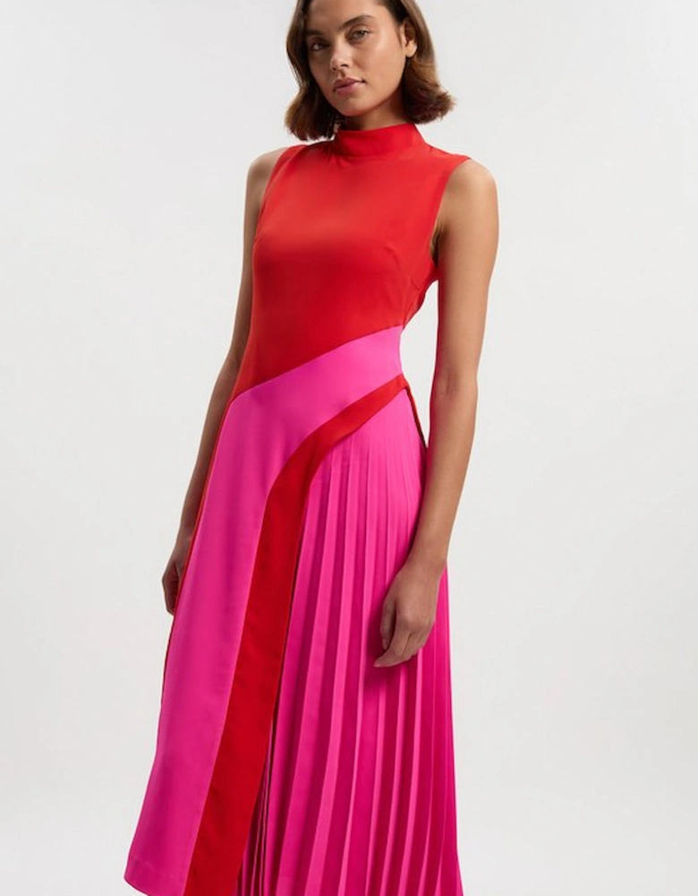 Soft Tailored Colour Block High Neck Pleated Midi Dress