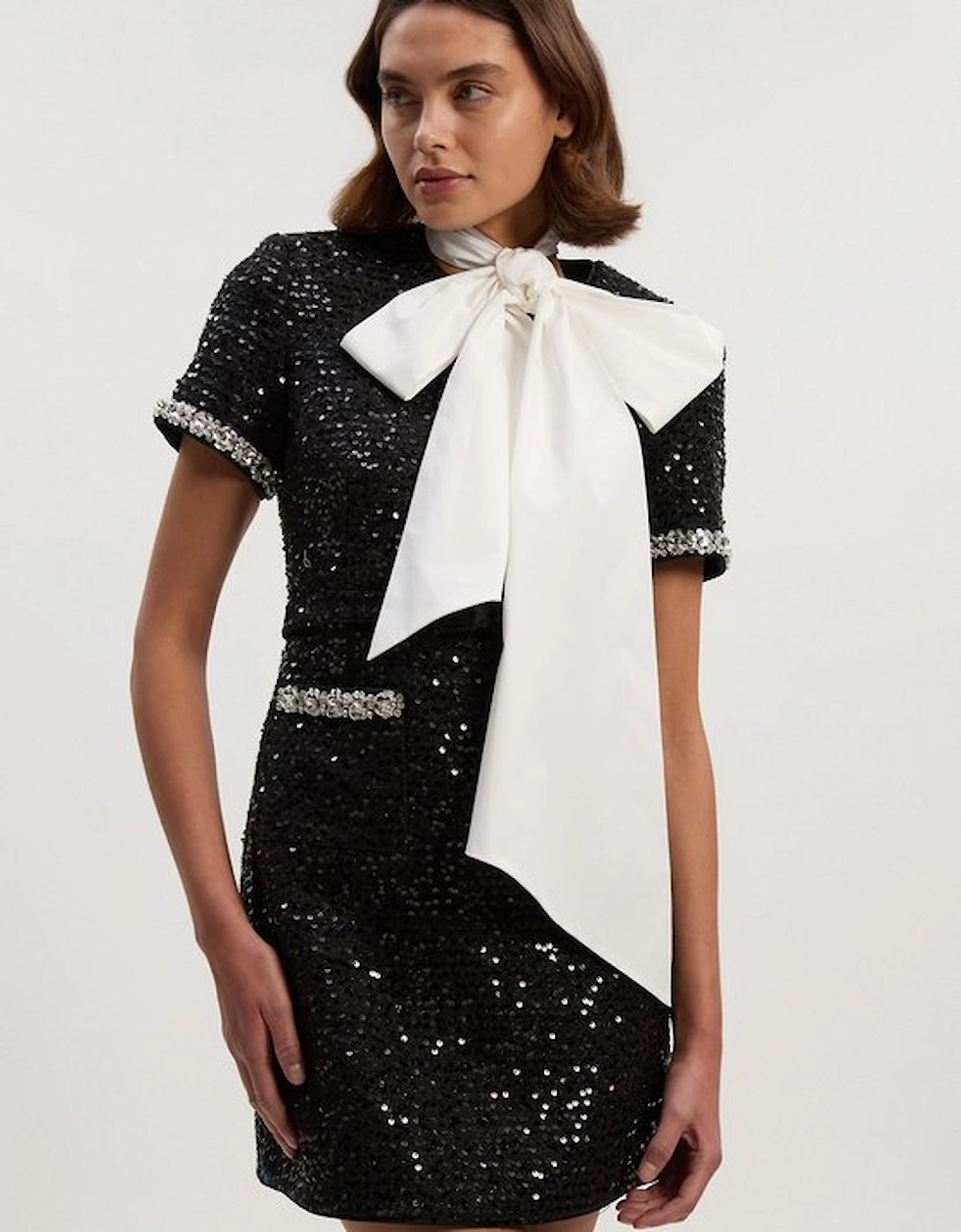 Tailored Sequin Tweed Tie Bow Neck Embellished Mini Dress, 4 of 3