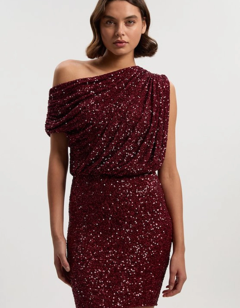 Draped One Shoulder Jersey Stretch Sequin Mini Dress