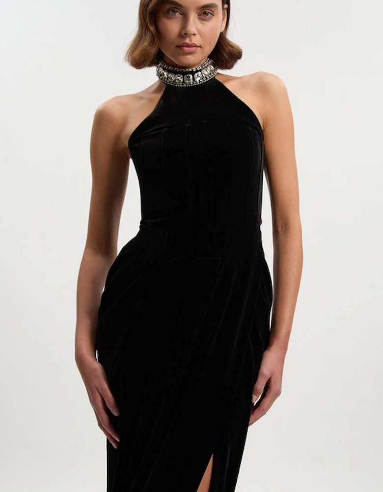 Tailored Velvet Halter Embellished Neck Midi Dress