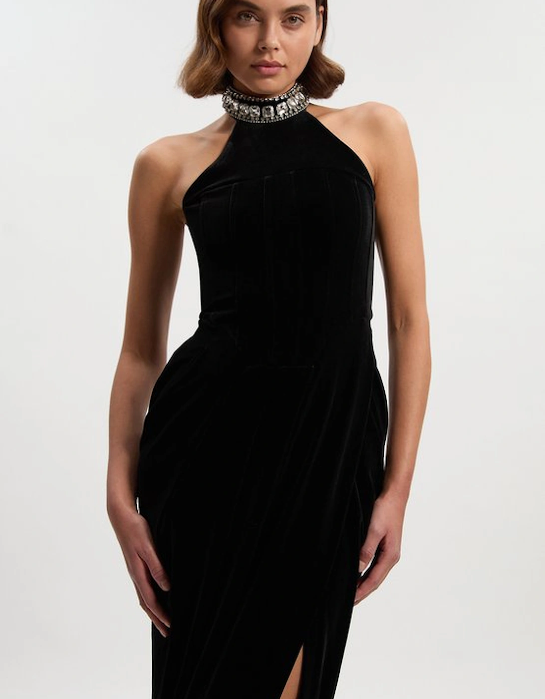 Tailored Velvet Halter Embellished Neck Midi Dress, 2 of 1