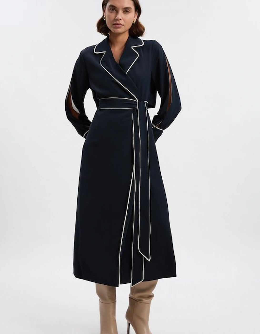 Contrast Tipping Tie Waist Long Sleeve Woven Trench Midi Dress, 4 of 3