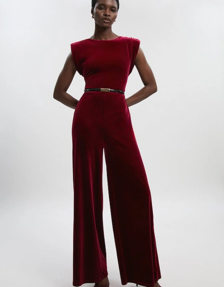 Petite Stretch Velvet Strong Shoulder Jumpsuit