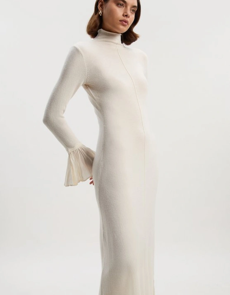 Petite Wool And Alpaca Blend Knit Pleated Silk Woven Cuffs Midi Dress