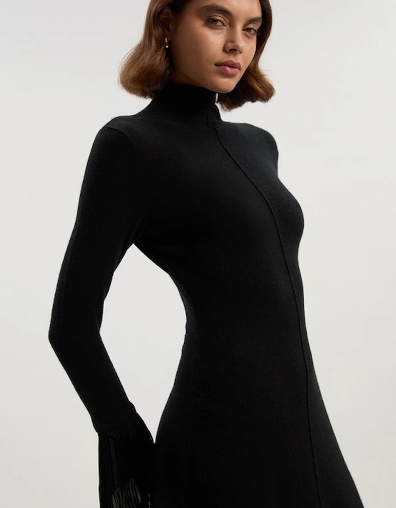 Wool And Alpaca Blend Knit Pleated Silk Woven Cuffs Midi Dress