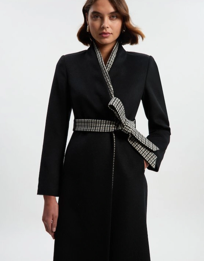 Brushed Wool Houndstooth Mix Belted Wrap Neck Tailored Midi Coat