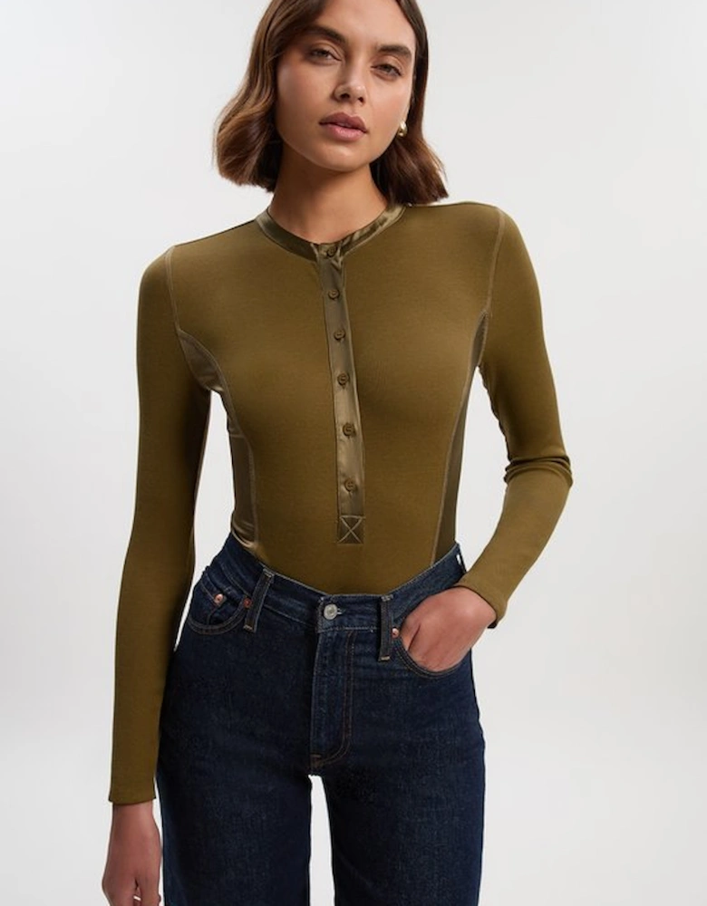 Luxe Viscose Rib Jersey Crew Neck Satin Detail Bodysuit