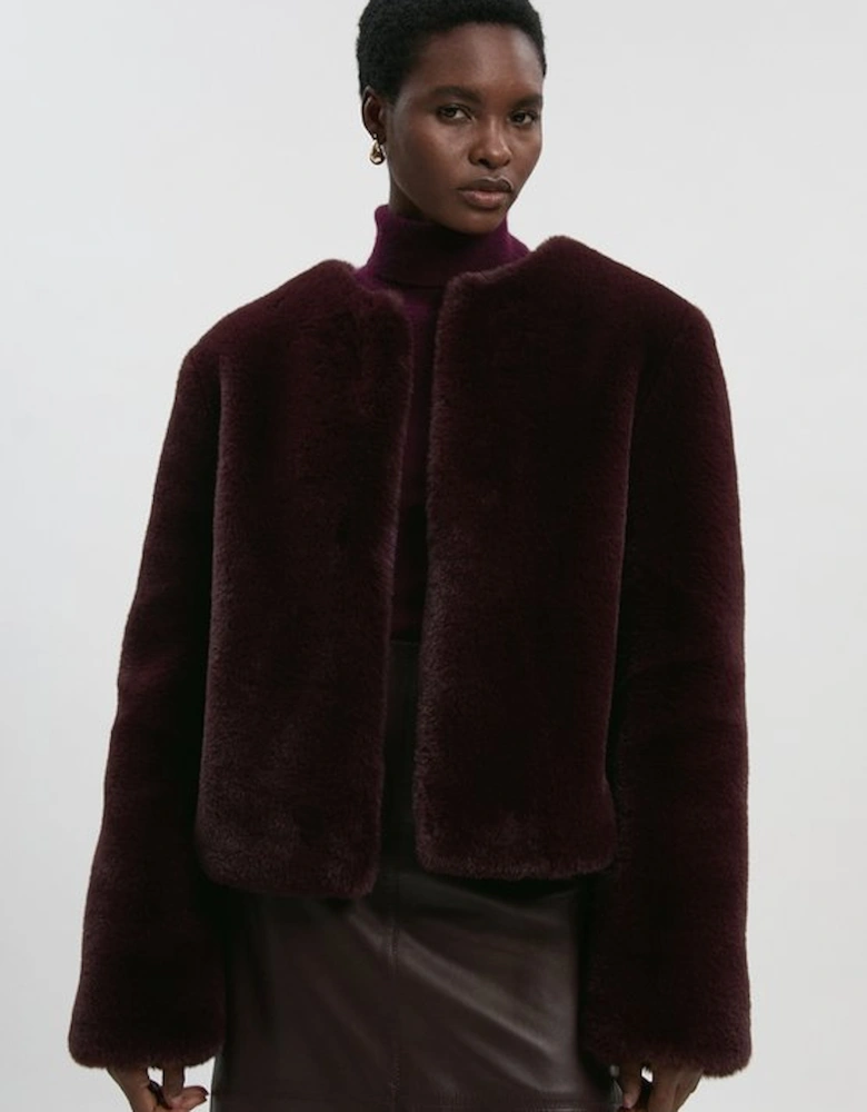 Collarless Faux Fur Jacket