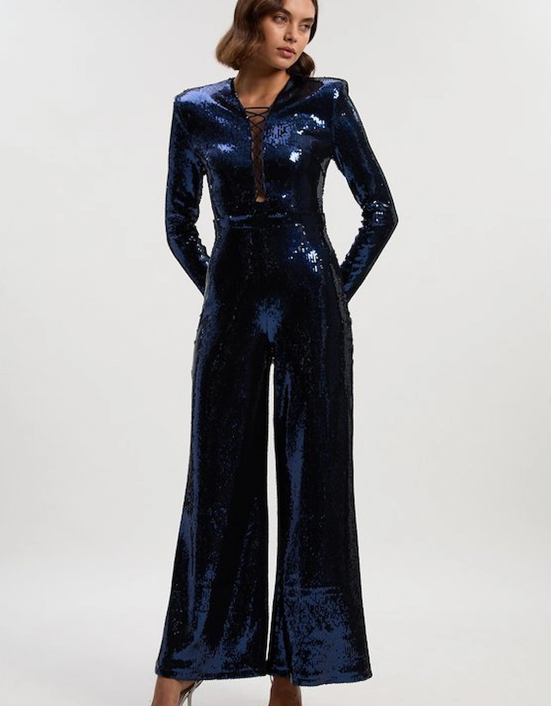 Sequin Power Mesh Lace Up Detail Long Sleeve Jumpsuit, 4 of 3