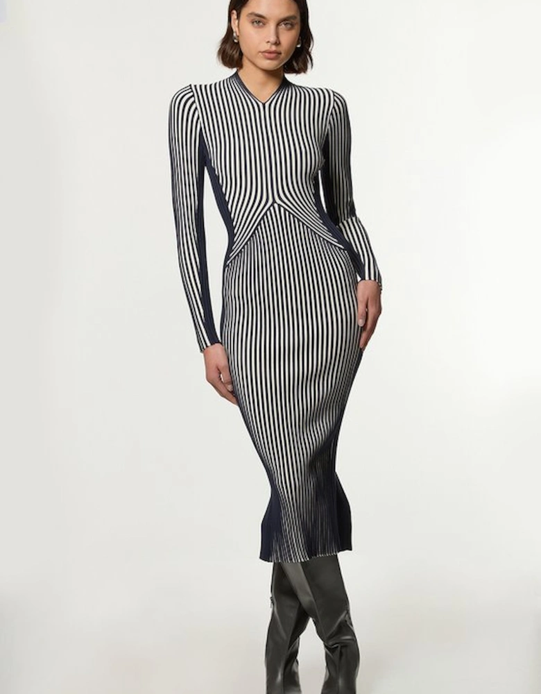 Petite Stripe Fitted Long Sleeve Knitted Midi Dress