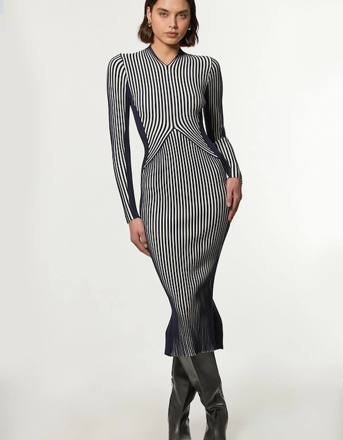 Petite Stripe Fitted Long Sleeve Knitted Midi Dress, 2 of 1