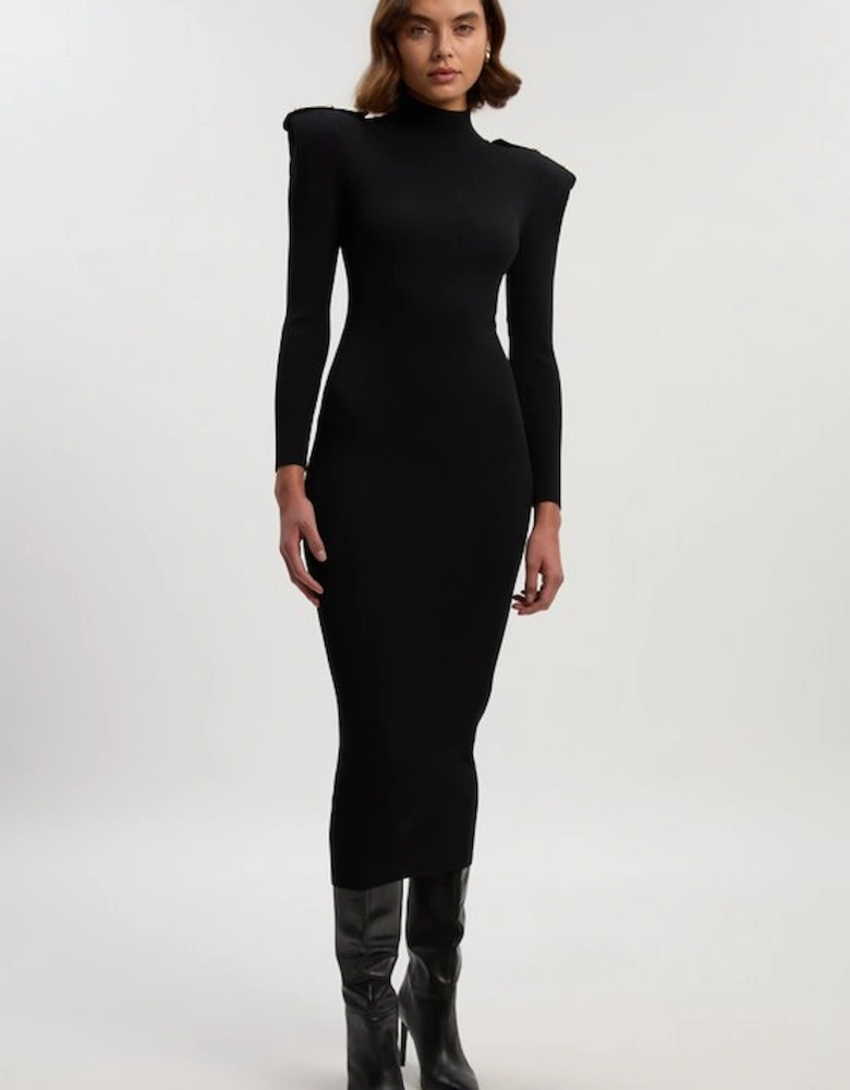 Petite Viscose Blend Rib Knit Power Shoulder Long Sleeve Military Trim Maxi Dress