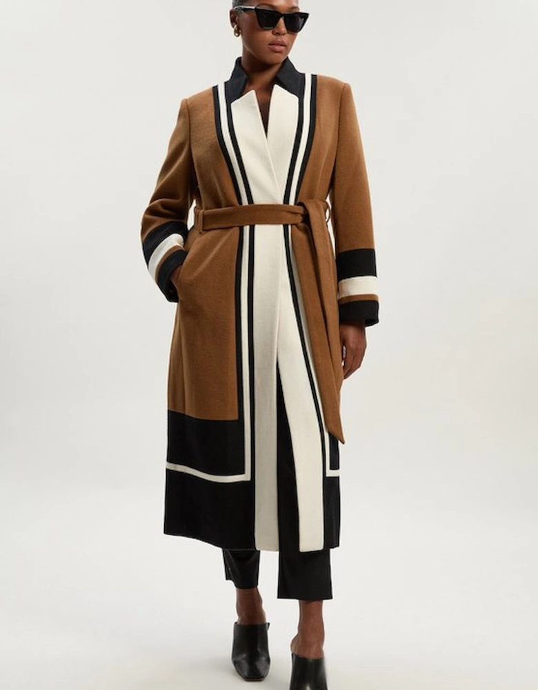 Plus Size Wool Colour Block Tailored Belted Midi Coat