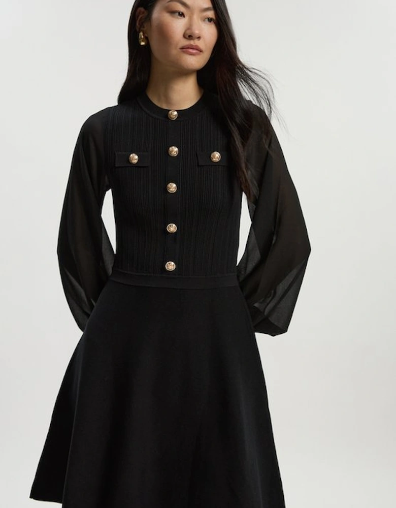 Viscose Blend Mini Knit Dress With Chiffon Sleeve Military Trim