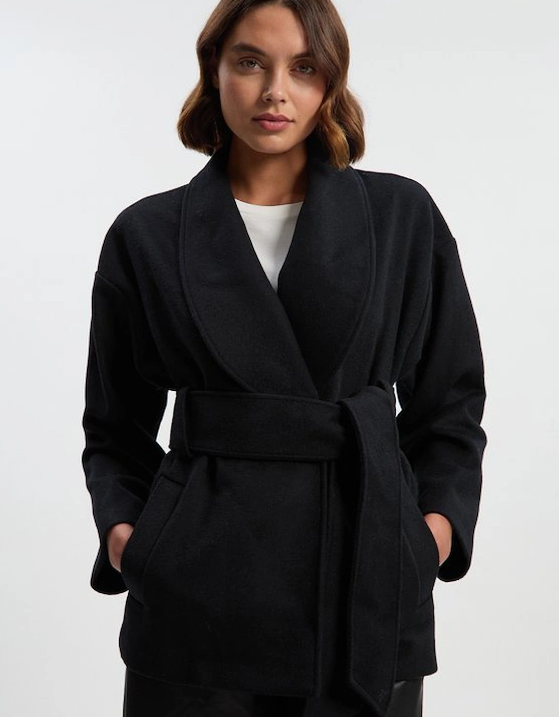 Brushed Wool Belted Wrap Tailored Short Coat, 5 of 4