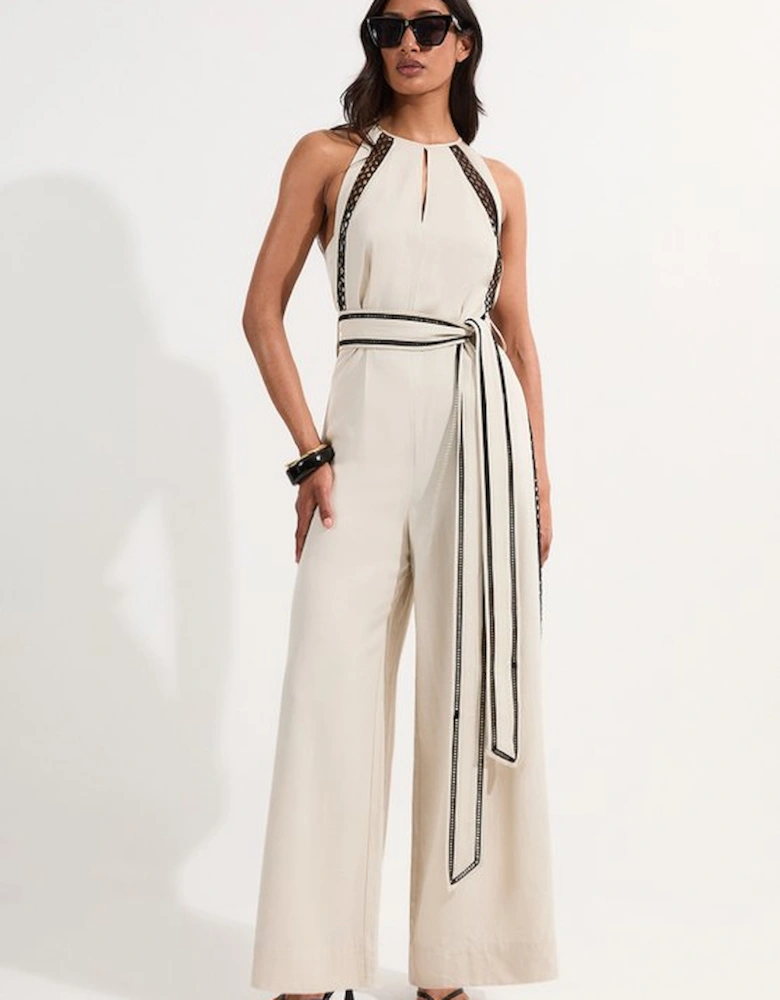 Viscose Linen Woven Jumpsuit With Lace Trim