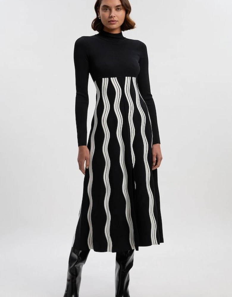 Petite Contrast Wave Knit A-Line Knitted Long Sleeve Dress