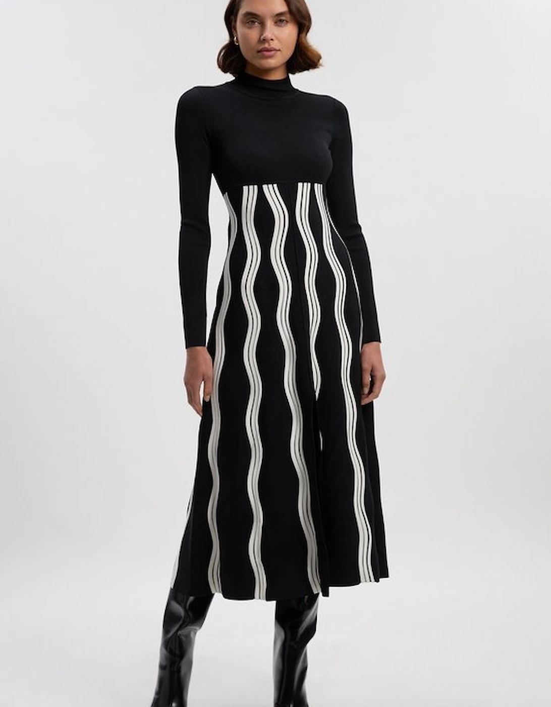 Petite Contrast Wave Knit A-Line Knitted Long Sleeve Dress, 5 of 4