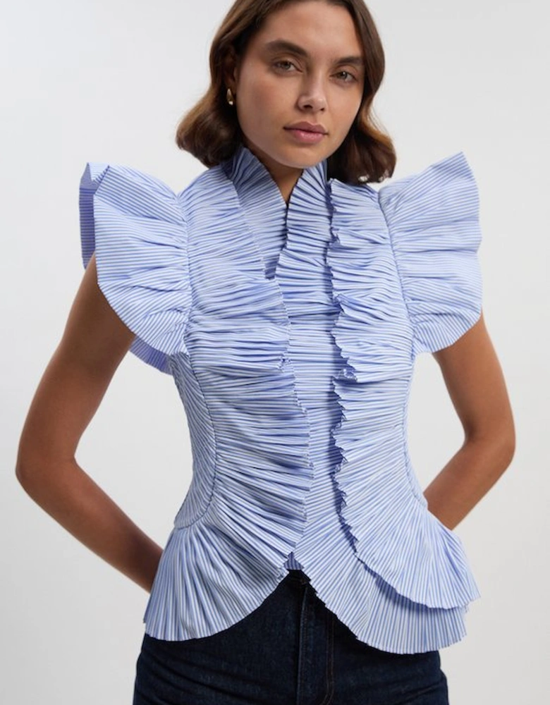 Stripe Pleated Ruffle Sleeve Woven Top