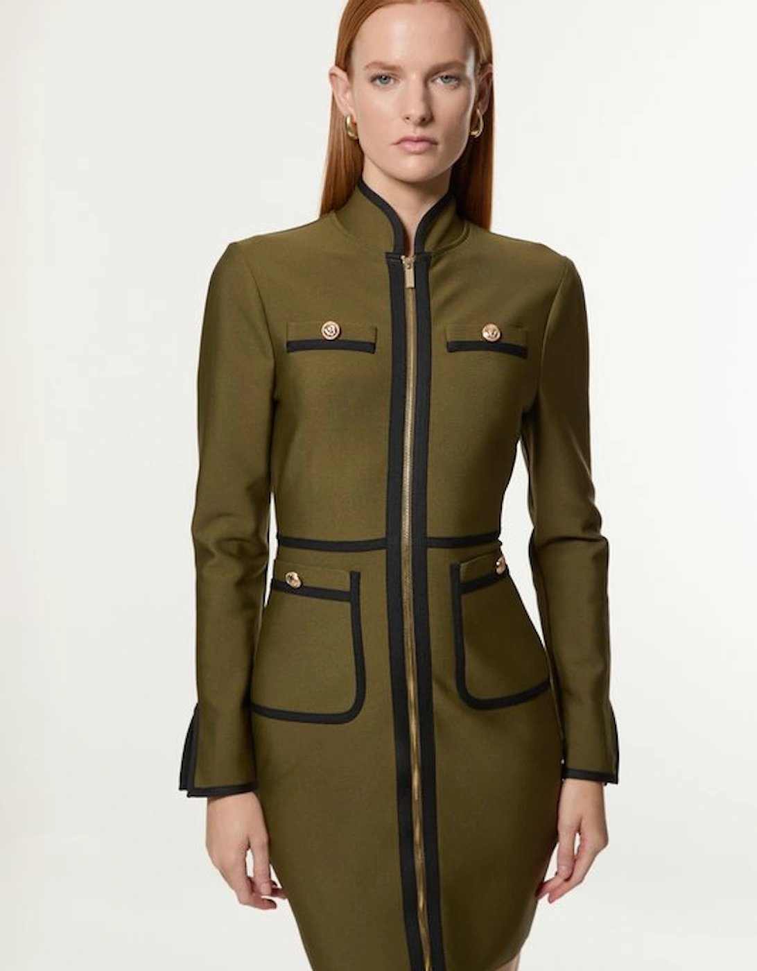 Figure Form Bandage Knit Piping Detail Military Dress, 2 of 1