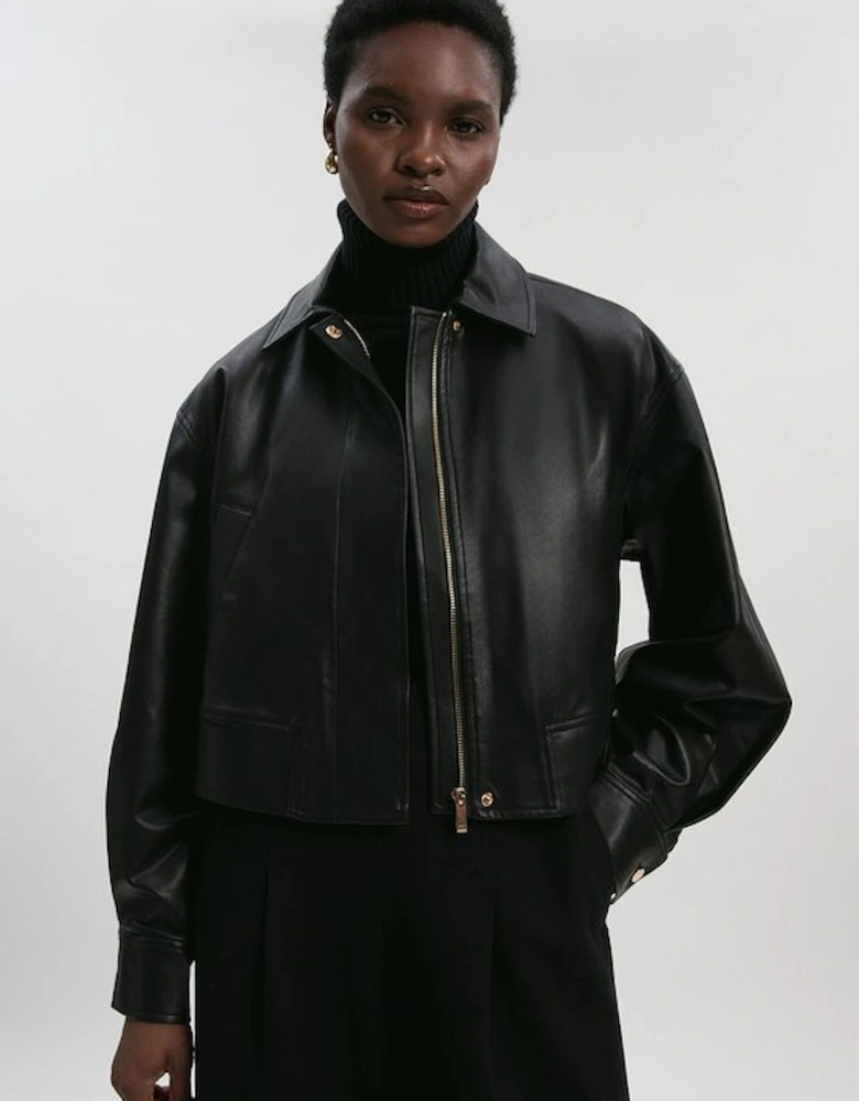 Faux Leather Tailored Bomber Jacket