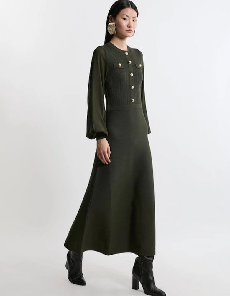 Viscose Blend Maxi Knit Dress With Chiffon Sleeve Military Trim