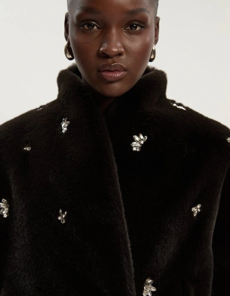 Crystal Embellished Faux Fur Short Coat