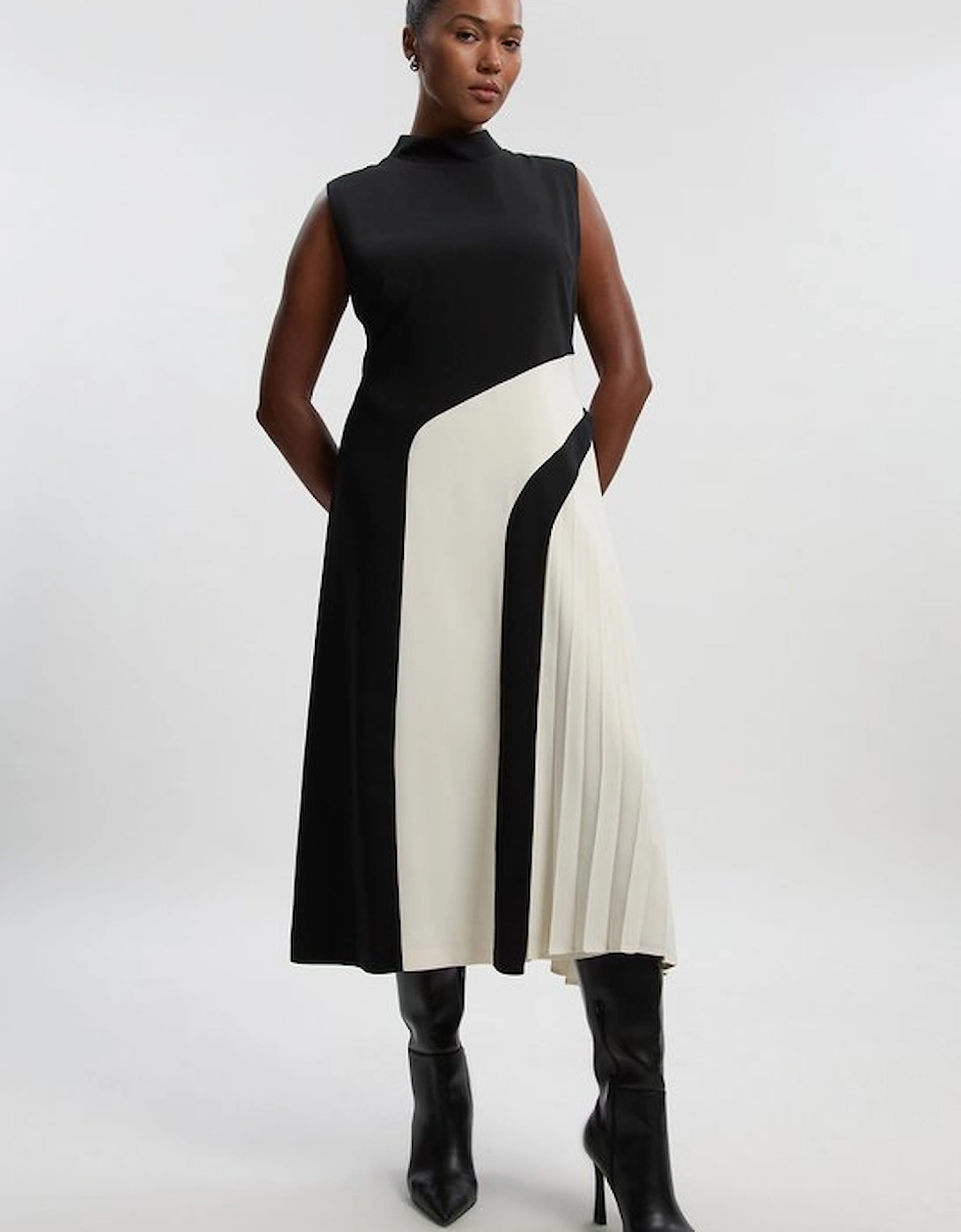 Plus Size Soft Tailored Colour block High Neck Pleated Midi Dress, 5 of 4