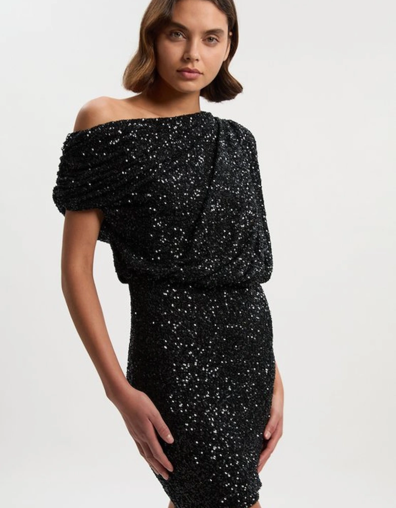 Draped One Shoulder Jersey Stretch Sequin Mini Dress