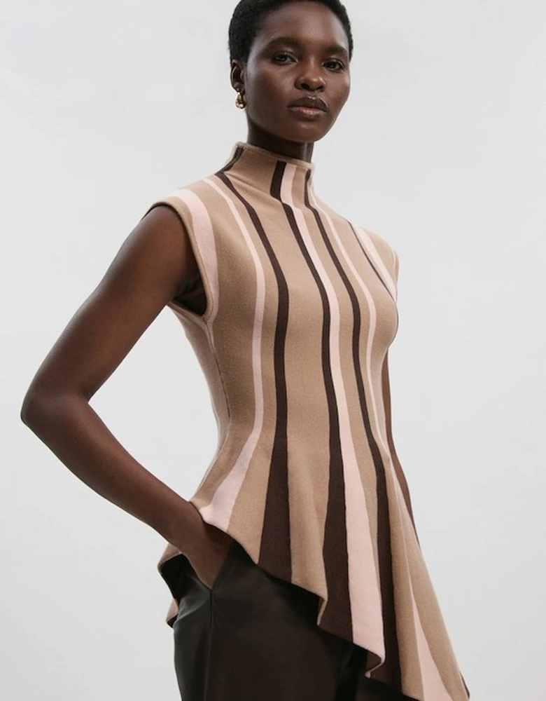 Stripe Viscose Blend Asymmetric Hem Knit Top