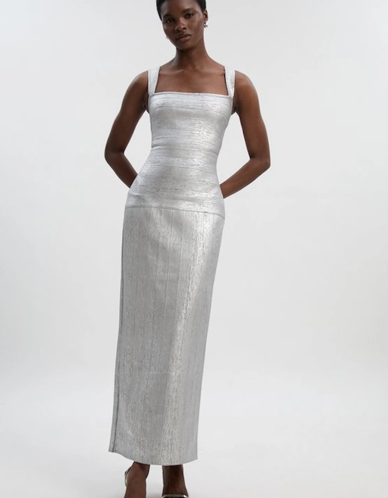 Foil Metallic Figure Form Strappy Knit Maxi Dress