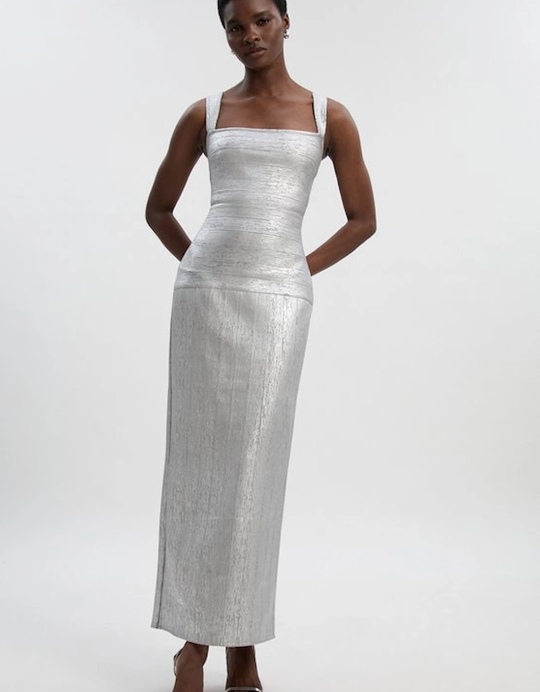 Foil Metallic Figure Form Strappy Knit Maxi Dress, 2 of 1
