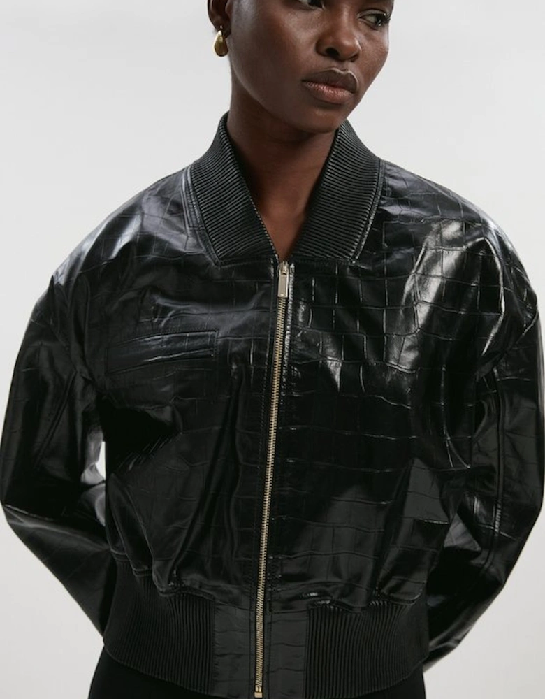 High Shine Croc Embossed Leather Bomber Jacket