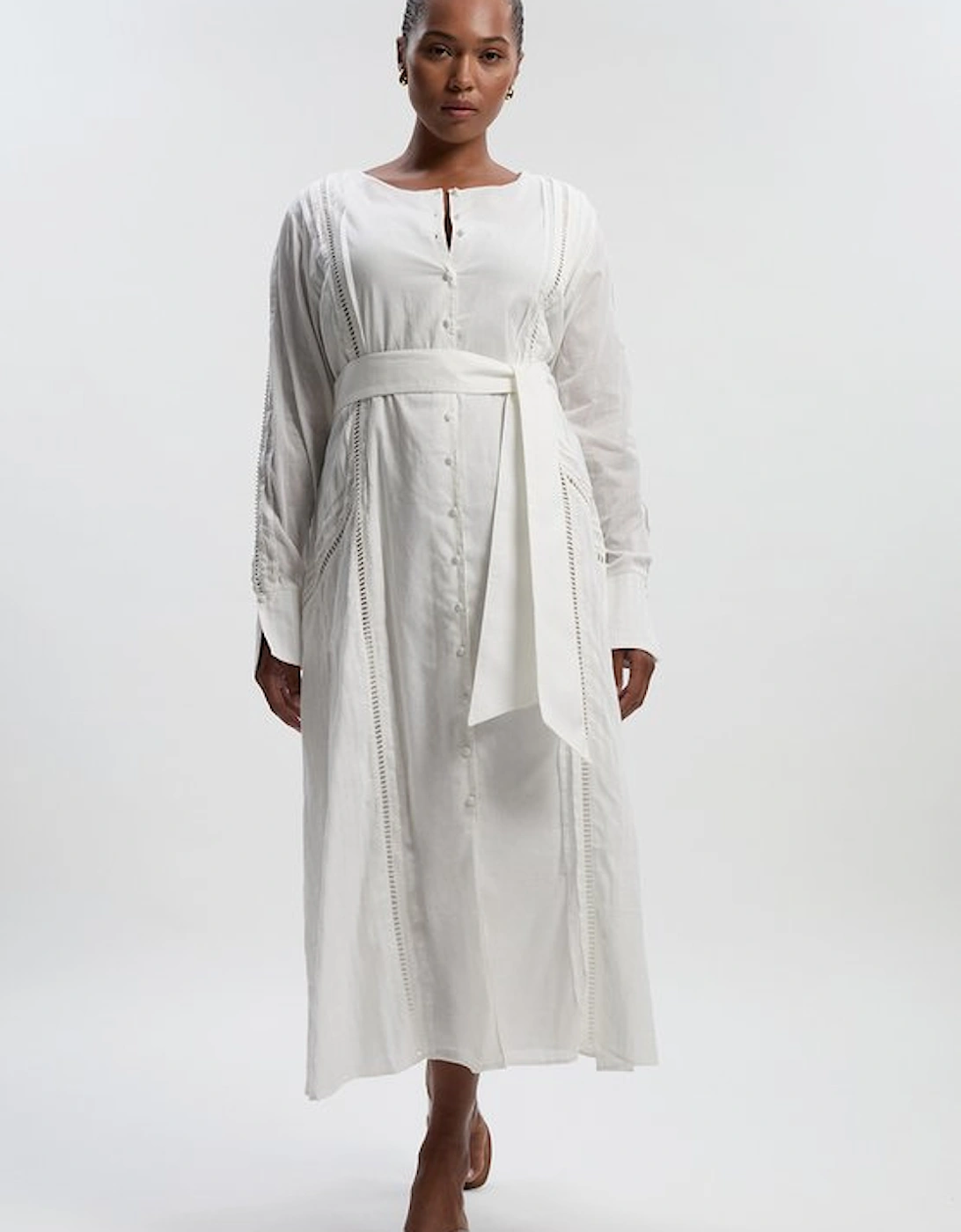 Plus Size Cotton With Lace Trim Insert Woven Long Sleeve Midi Dress, 5 of 4