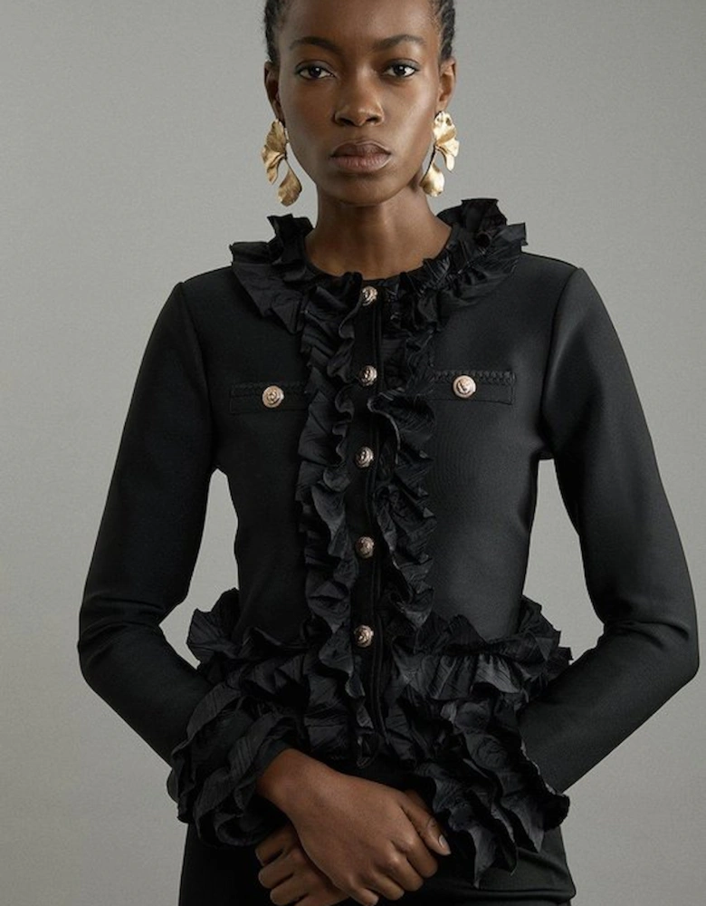 Figure Form Bandage Knit Jacket With Woven Ruffle Trim
