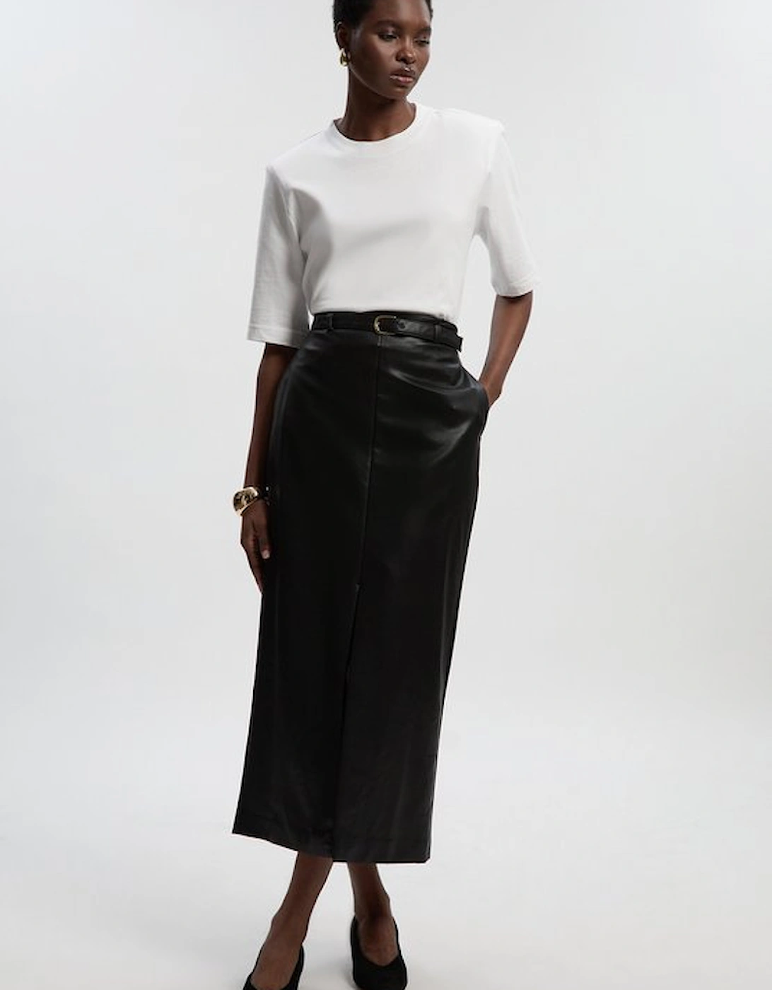 Faux Leather Tailored Midi Pencil Skirt, 2 of 1