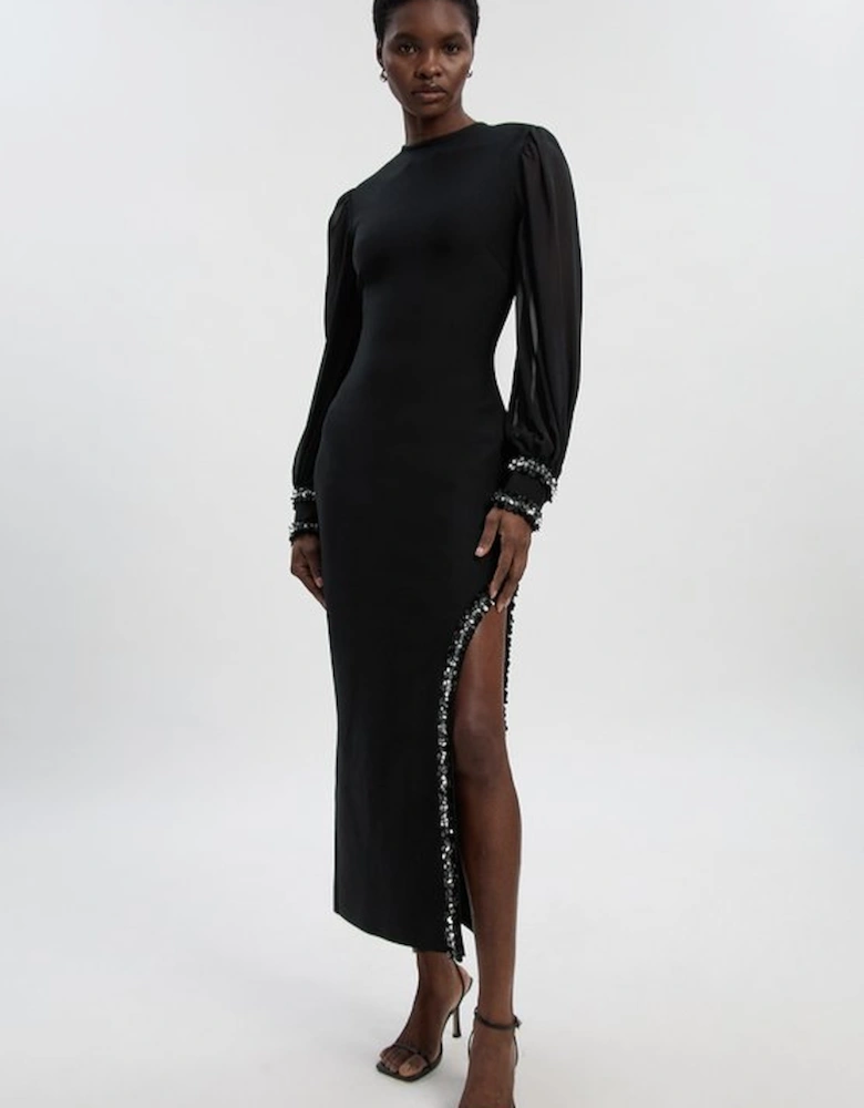 Embellished Figure Form And Chiffon Sleeve Midi Dress