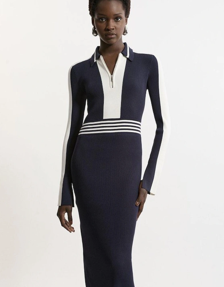 Rib Knit Polo Zip Up Midi Dress