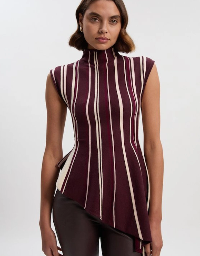 Stripe Viscose Blend Asymmetric Hem Knit Top